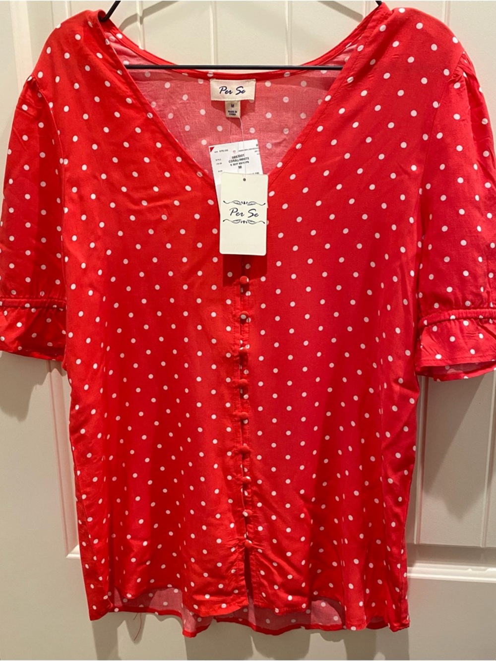 Per Se Red Polka Dot Button-Down Top